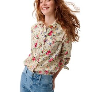 LEI Junior Large Floral Snap Front Western Shirt Cream Pink Cotton Vintage Style